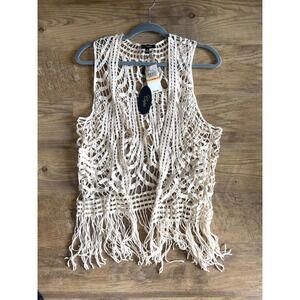 NEW Boho Crochet Fringe Vest Ivory Open Knit Festival Layering Top Size S/M